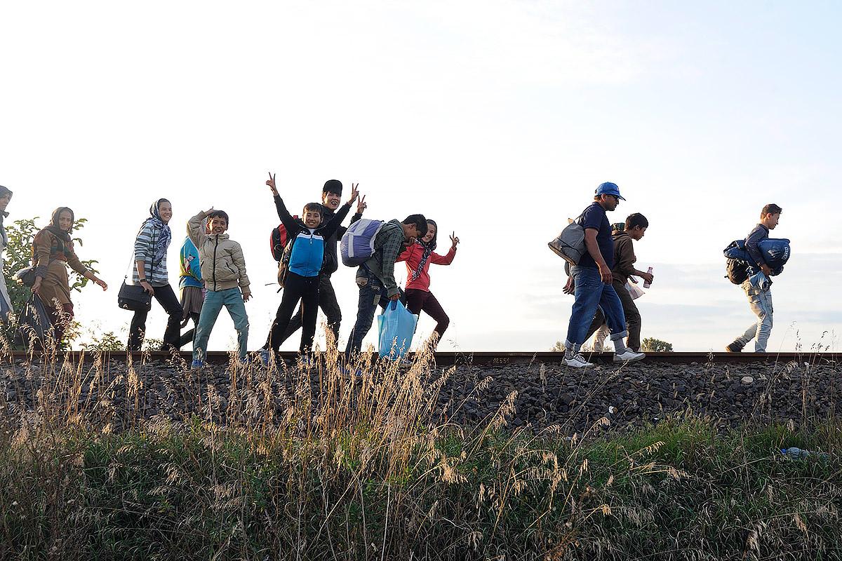 Flüchtlinge, die auf den Eisenbahnschienen auf der Grenze zwischen Ungarn und Serbien unterwegs sind. Foto: ELKH/Zsuzsanna Horvath-Bolla