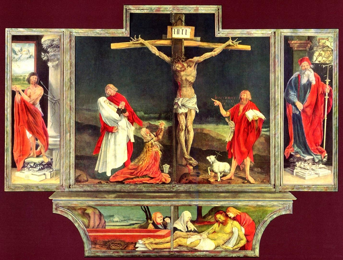 The Isenheim Altarpiece painted by Matthias GrÃ¼newald in 1512â1516 showing Jesus' crucifiction. It was GrÃ¼newald's greatest and largest work, painted for the Monastery of St Anthony in Isenheim near Colmar, France. Credit: Public domain