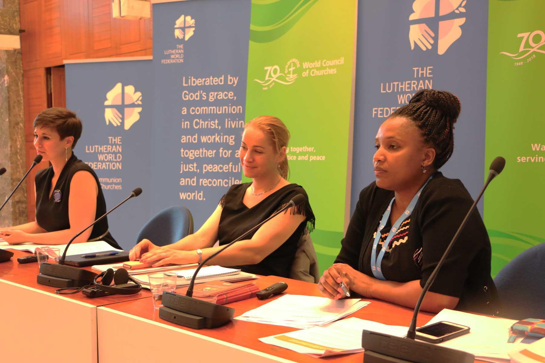 Jillian Aballe (World Council of Churches), Christine LÃ¶w (UN Women Geneva liaison office) and Christine Mangale (Lutheran Office for World Community) sit on a panel during the women's human rights advocacy training for faith-based organizations, held in Geneva. Photo: LWF/George Arende