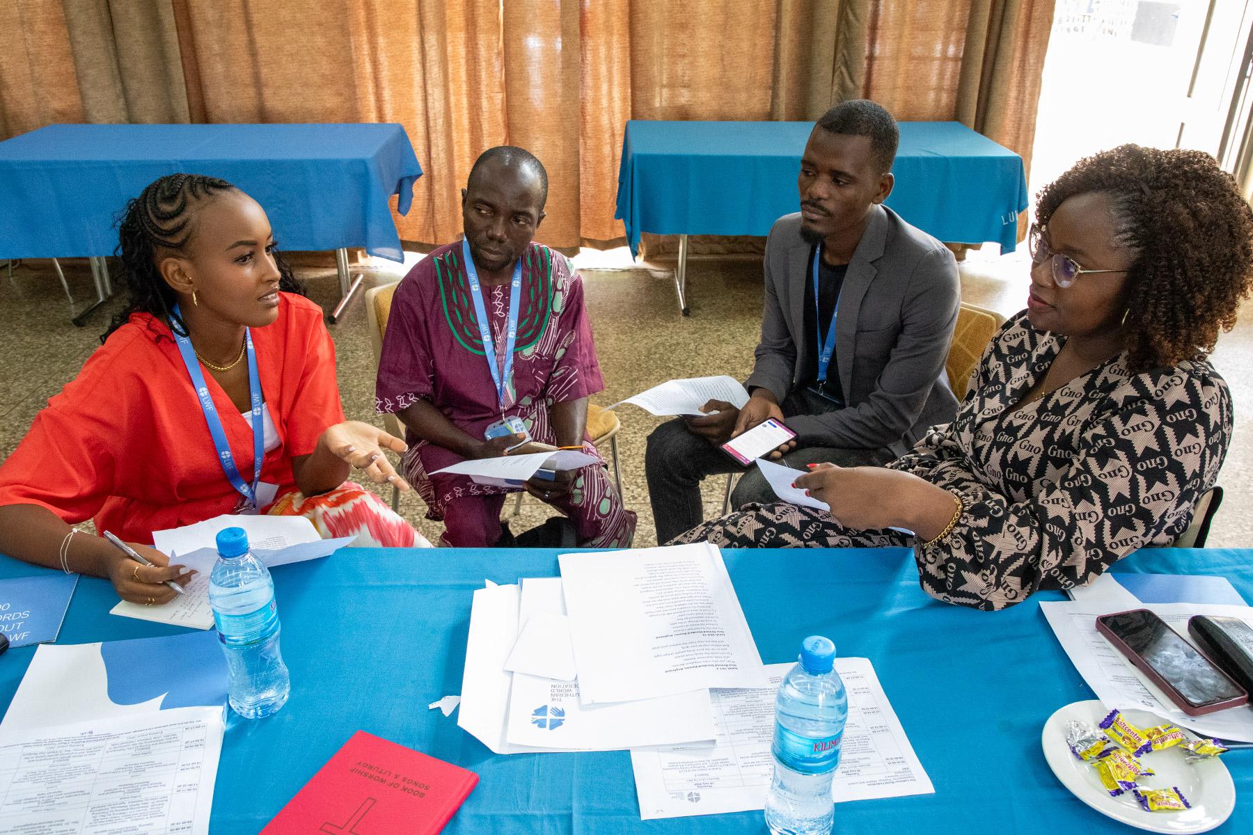 From left to right: Ms Phiona Uwase (Lutheran Church of Rwanda), Mr Aoudou Michael (Evangelical Lutheran Church of the Central African Republic), Mr Antonio Lembranca (Evangelical Lutheran Church in Mozambique) and Ms Pendo Mahoo (ELCT) sharing their experiences