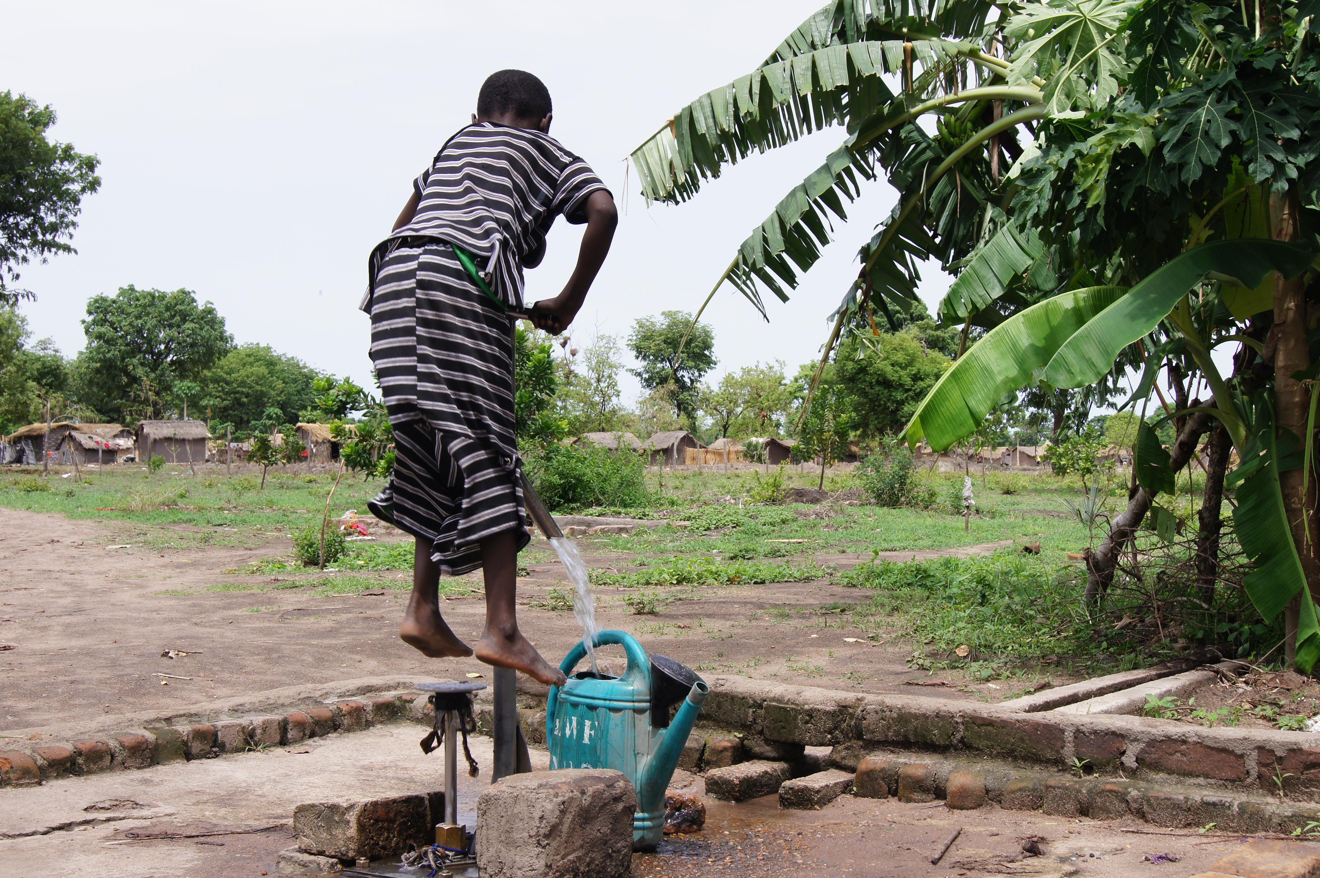  A young boy pumps water from well and into his watering can in Chad.  Photo: LWF/C. KÃ¤stner