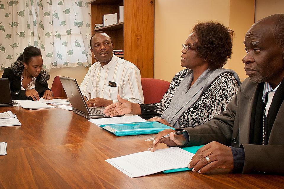 Venah Mzezewa (center), Lutheran Communion in Southern Africa, discusses mainstreaming HIV into the theology curriculum at Paulinium United Lutheran Theological Seminary in Windhoek, Namibia, at a May 2012 consultation. Â© Ari Koivulahti