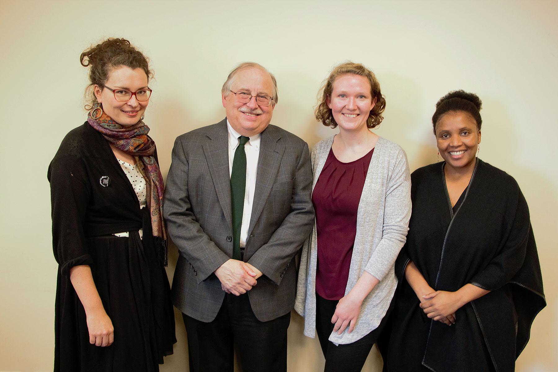 Visiting the Lutheran office in New York, Helena Funk (third from left) received valuable tips on climate advocacy from Rebekka Pohlmann, Germany; Dennis Frado, LWFâs representative at the UN headquarters; and Christine Mangale, LOWC program director. Photo: Doug Hostetter