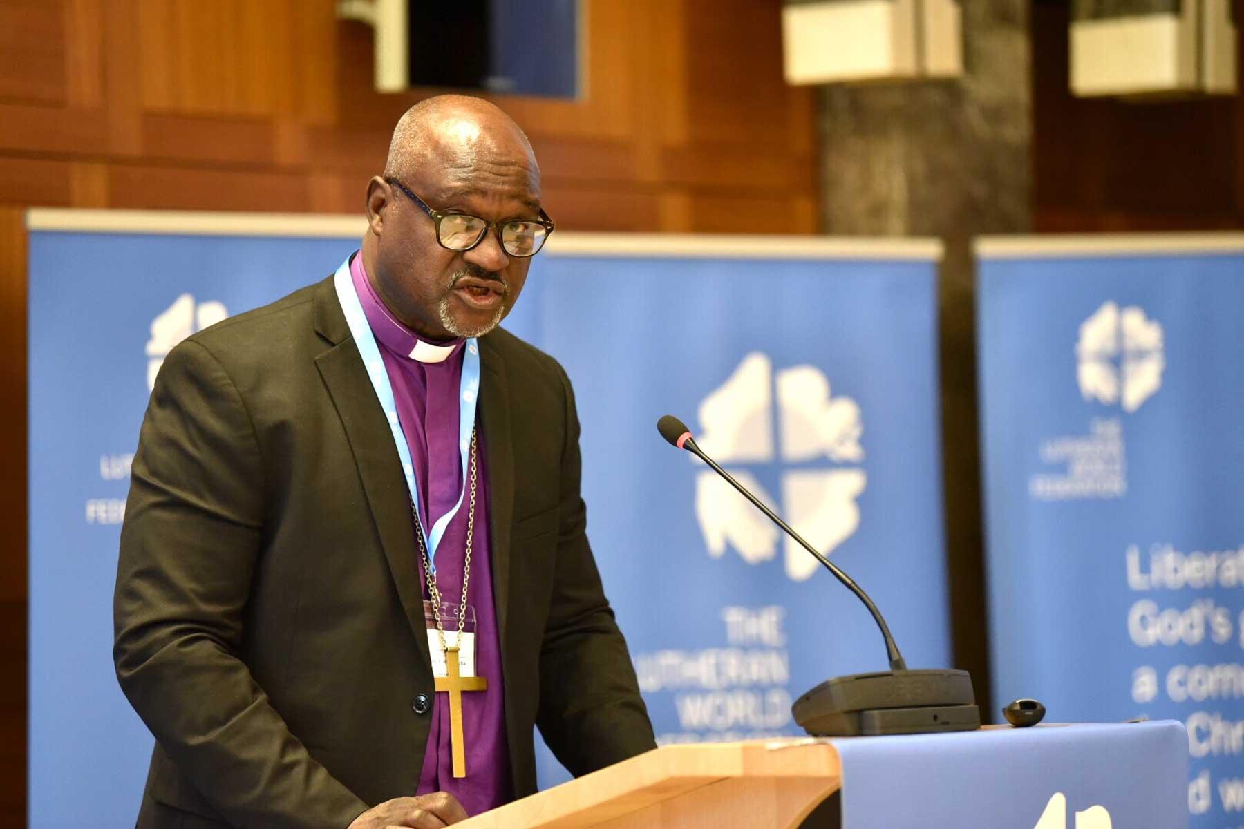 In seiner Ansprache bei der Ratstagung 2018 in Genf bezog sich LWB-Präsident Musa auf die Bedeutung der Zwölften Vollversammlung und des Reformationsjubiläums. Foto: LWB/Albin Hillert