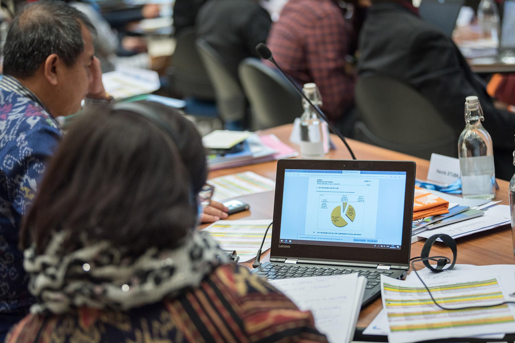 Members of the LWF Council follow the finance report during the 2018 meeting in Geneva. Photo: LWF/Albin Hillert