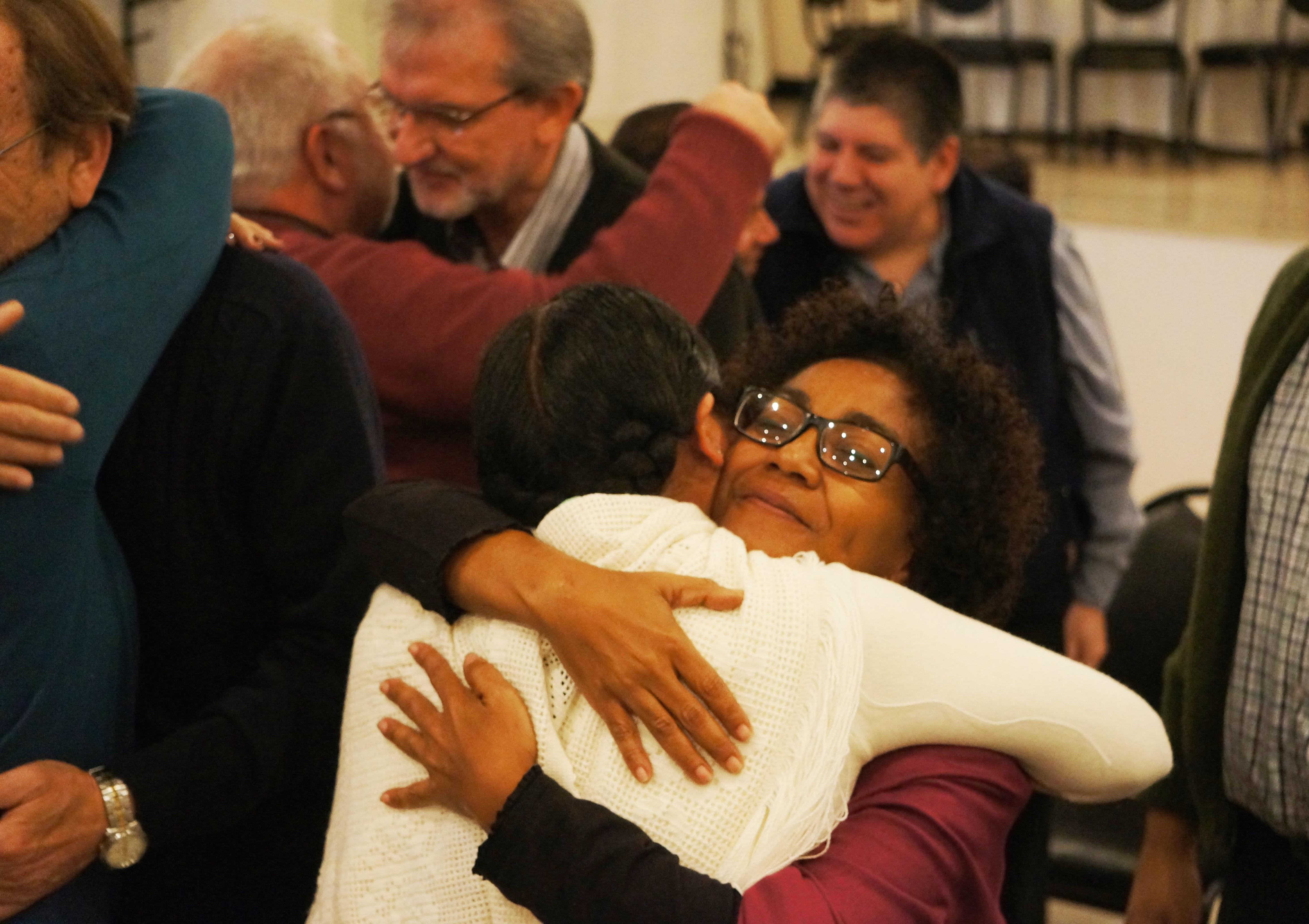 Rev. Marjory Slagtand, board chairperson of the Evangelical Lutheran Church in Suriname, embracing Roxana Gutierrez from the Bolivian Evangelical Lutheran Church. The Surinamese church will host the LWF Pre-Assemblies for the LAC and North American regions. Photo: LWF/Eugenio Albrecht 