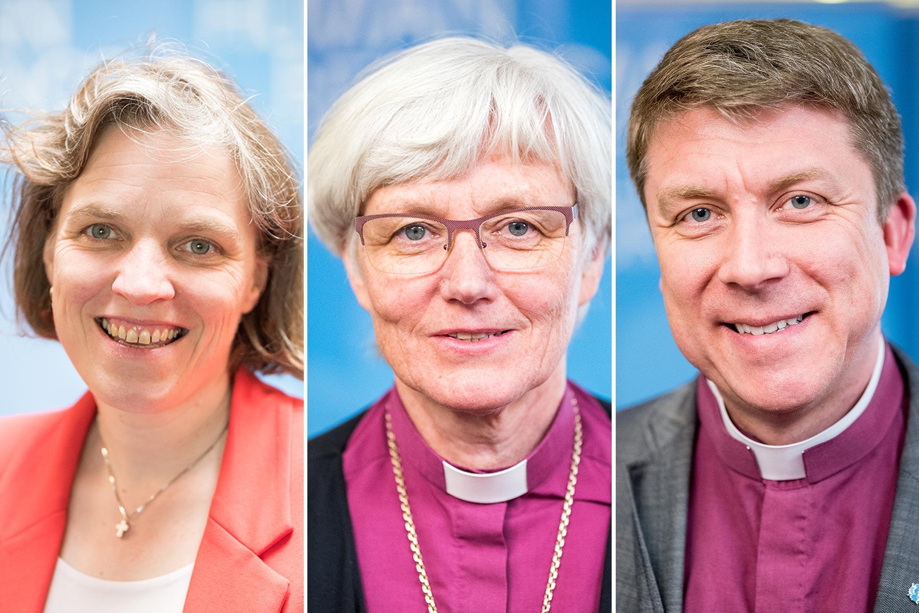 The vice-presidents of the European regions: PrÃ¶pstin Astrid Kleist for Central and Western Europe, Archbishop Antje JackelÃ©n for the Nordic Countries and Archbishop Urmas Viilma for Central and Eastern Europe. Photo: LWF/Albin Hillert