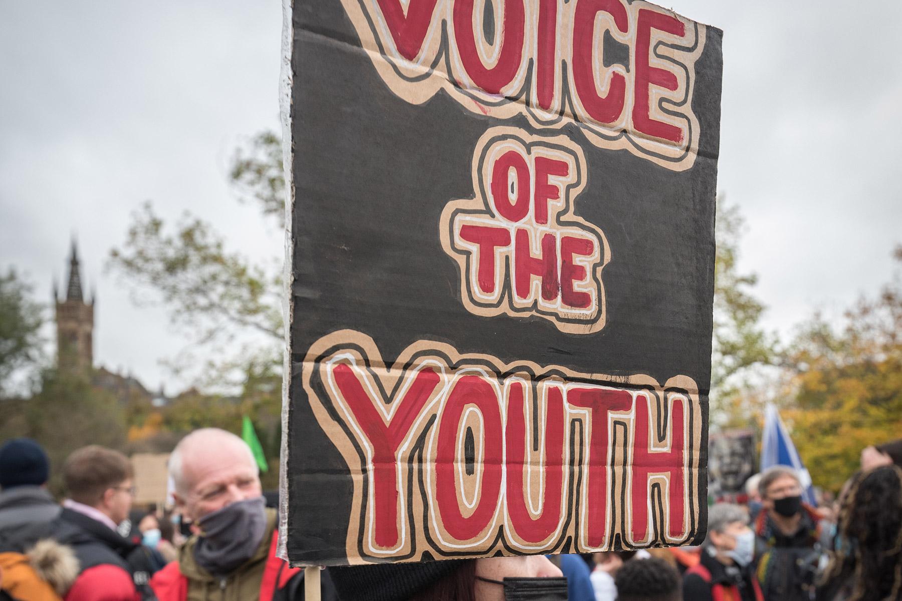Young people make their voices heard at the COP26 summit in Glasgow, Scotland in November 2021. Photo: LWF/A. HillertÂ 