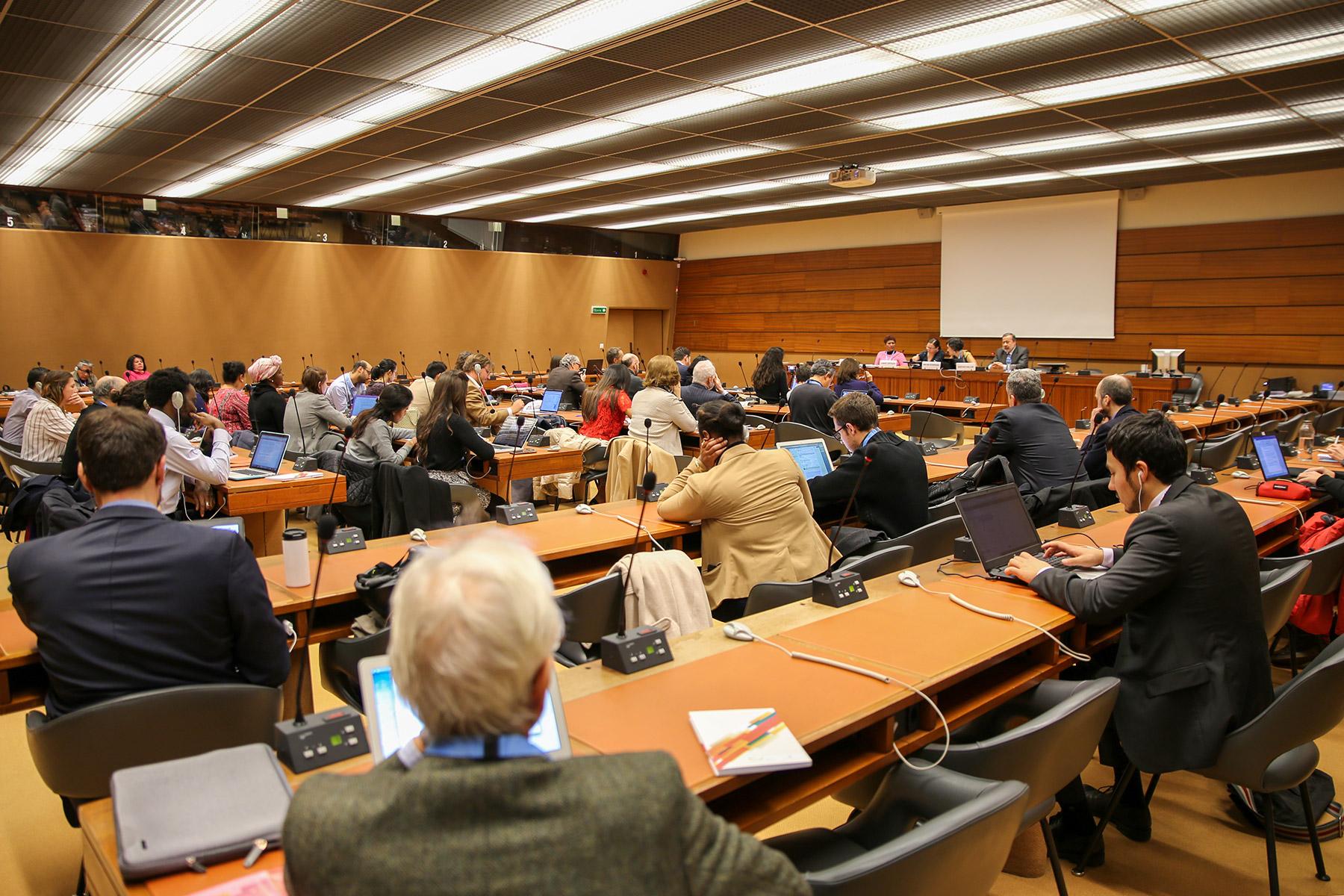 Teilnehmende an einer Nebenveranstaltung der Vereinten Nationen in Genf über die Verwendung des Universellen Periodischen Überprüfungsverfahrens als Instrument der Friedensarbeit auf der Grundlage von Menschenrechten in Kolumbien. Foto: Peter Kenny