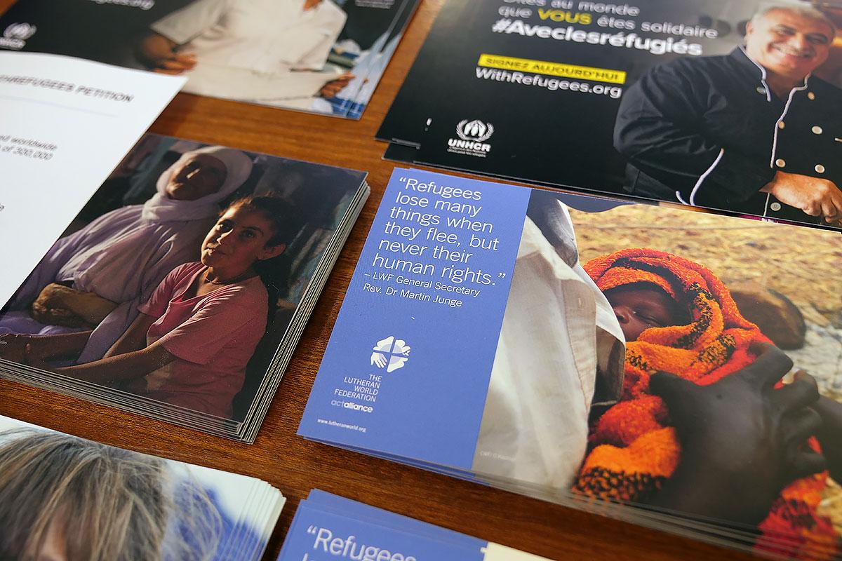 Refugees lose many things, but never their human rights: LWF and UNHCR visibility material at the panel discussion. Photo: LWF/ A. Danielsson