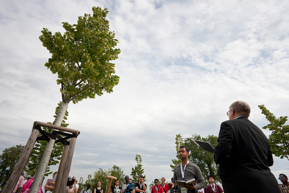 Rev. Hans W. Kasch, Director of the LWF Center Wittenberg, leading the symbolic tree planting in the Luthergarten. 