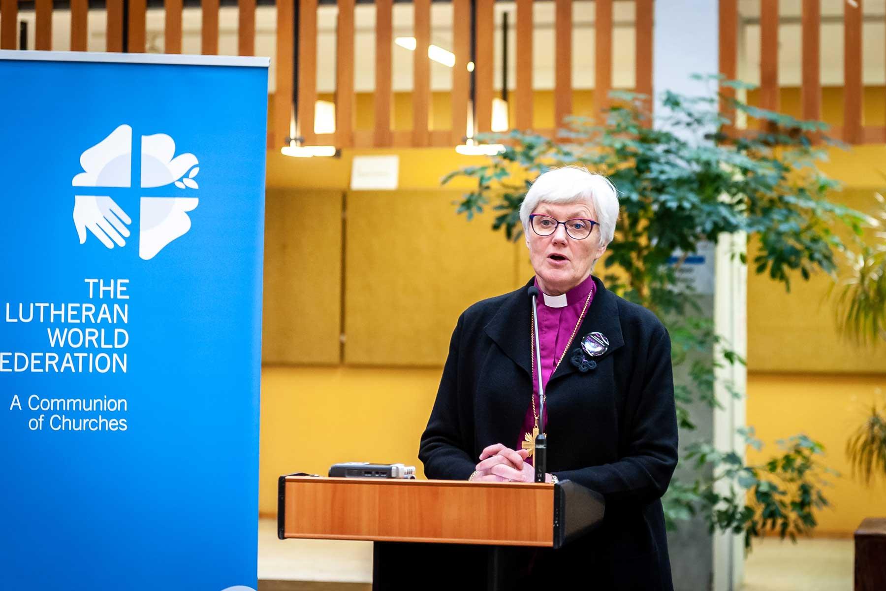 Archbishop Jackelén speaks at Geneva’s Ecumenical Center during the 2019 launch of an LWF publication entitled ‘Resisting Exclusion: Global theological responses to populism’. Photo: LWF/S. Gallay