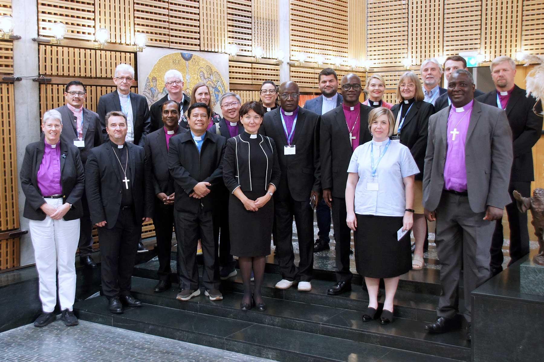 (From right): Bishop Deddy Fajar Purba, Simalungun Protestant Christian Church (GKPS), Indonesia; First Vice-President Odair Airton Braun, Evangelical Church of the Lutheran Confession in Brazil; Bishop Laurie Jungling, Montana Synod, Evangelical Lutheran Church in America; Bishop Steven Lawrence, Evangelical Lutheran Church in Malaysia; and Presiding Bishop Kenneth Sibanda, Evangelical Lutheran Church in Zimbabwe. Photo: LWF/ C. Kästner-Meyer