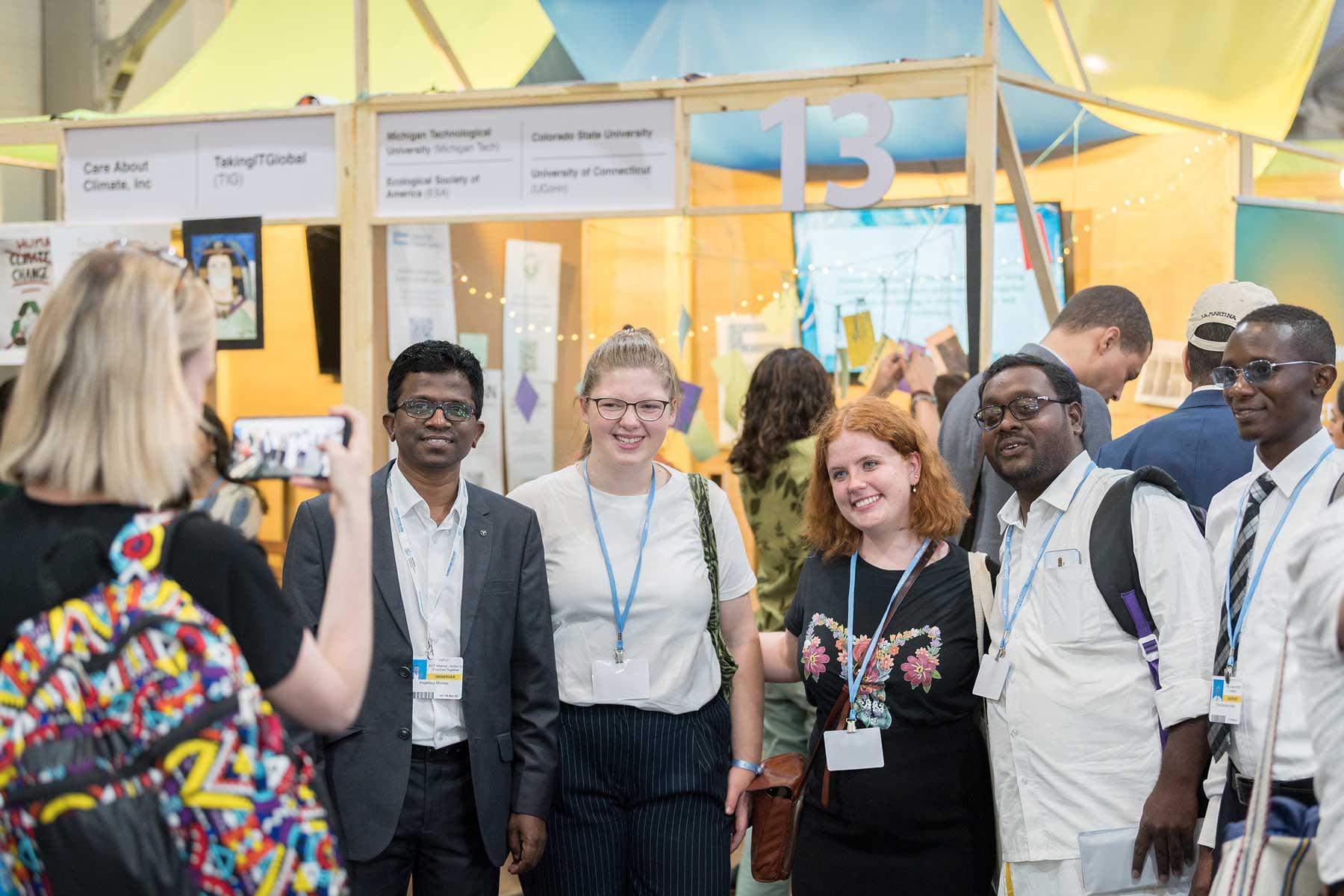 Youth engaged in climate advocacy at COP27: (from left) Angelious Michael (India), Michelle Schwarz (Germany), Laura Meloy (USA), Raj Kundra (India), Erik Kapira (Tanzania). Photo: LWF/Albin Hillert