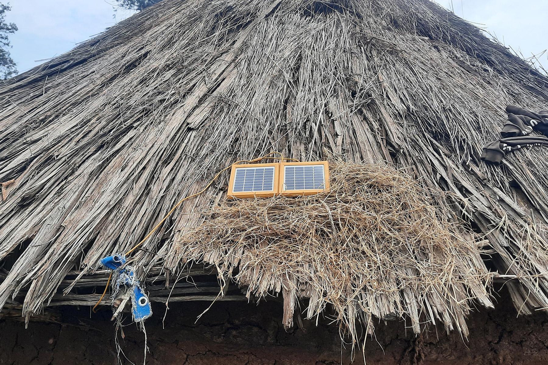 A photovoltaic panel on the roof of a tukul, a traditional clay house in Rukiye’s community. Photo: LWF/ S. Gebreyes