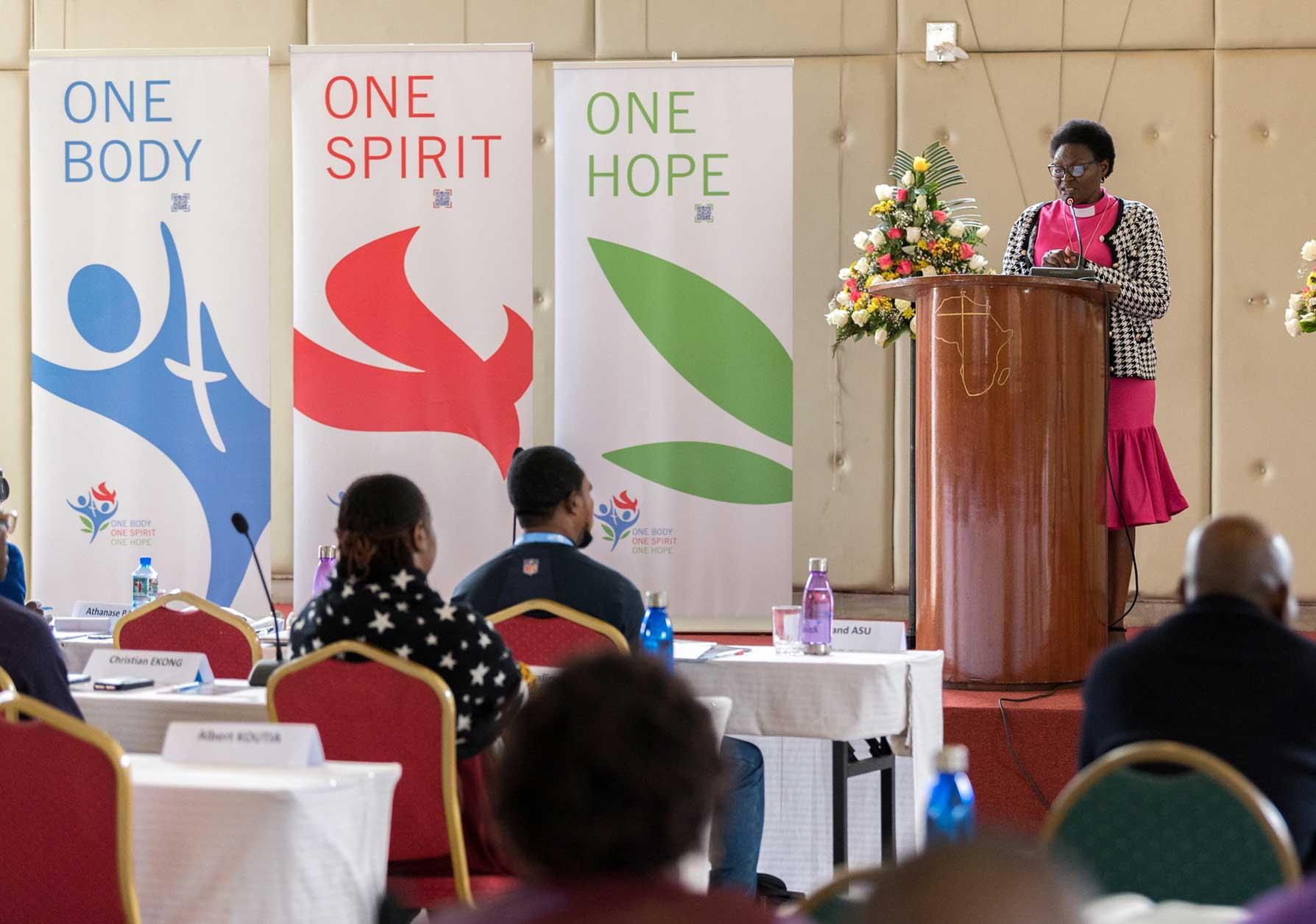 Bishop Naledzani Sikhwari of the Evangelical Lutheran Church In Southern Africa delivers a keynote lecture as Lutherans from across the continent of Africa gather in Nairobi for a regional, Africa pre-assembly to the LWF. Photo: LWF/Albin Hillert