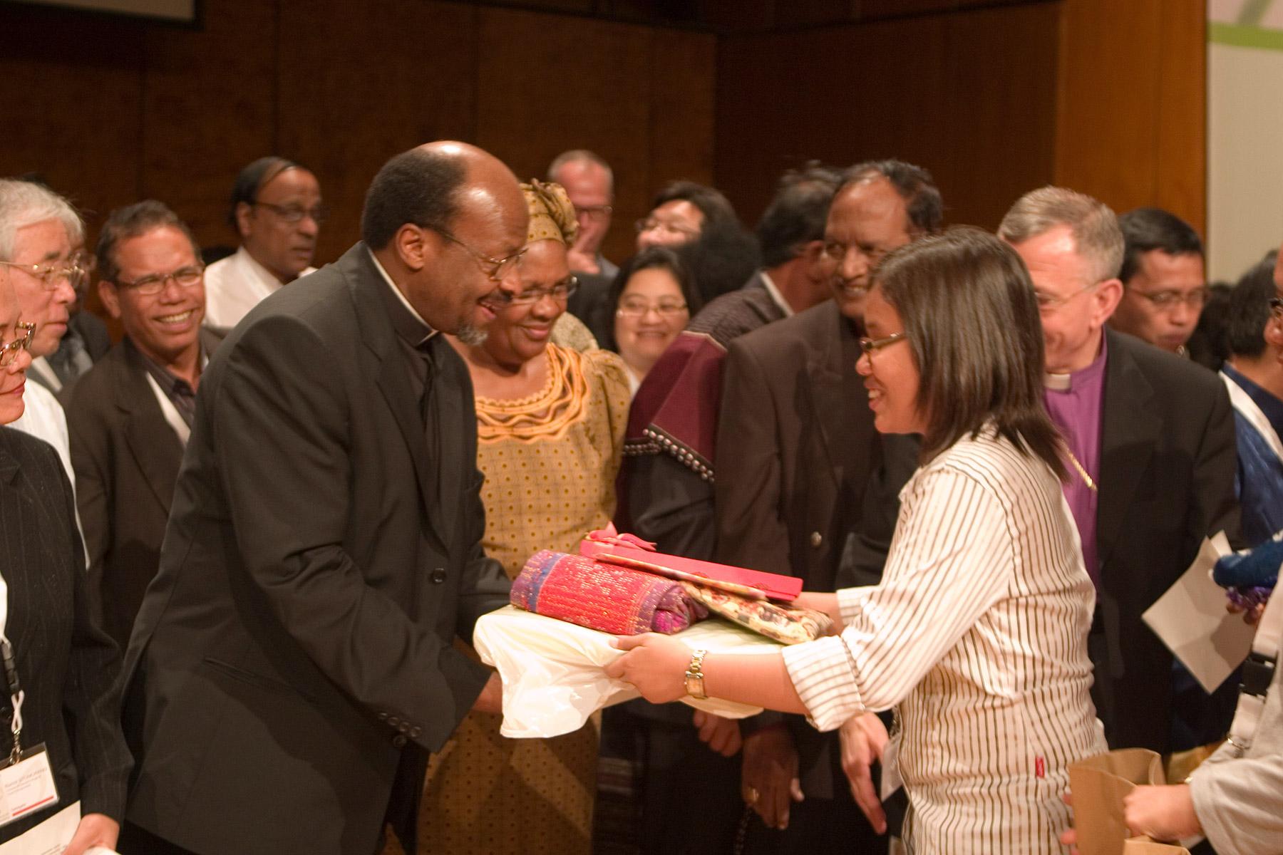 At the Eleventh Assembly in Stuttgart, Germany, Rev. Dr Ishmael Noko receives tributes from around the global communion as he concludes his term in office. Photo: LWF/Erick Coll 