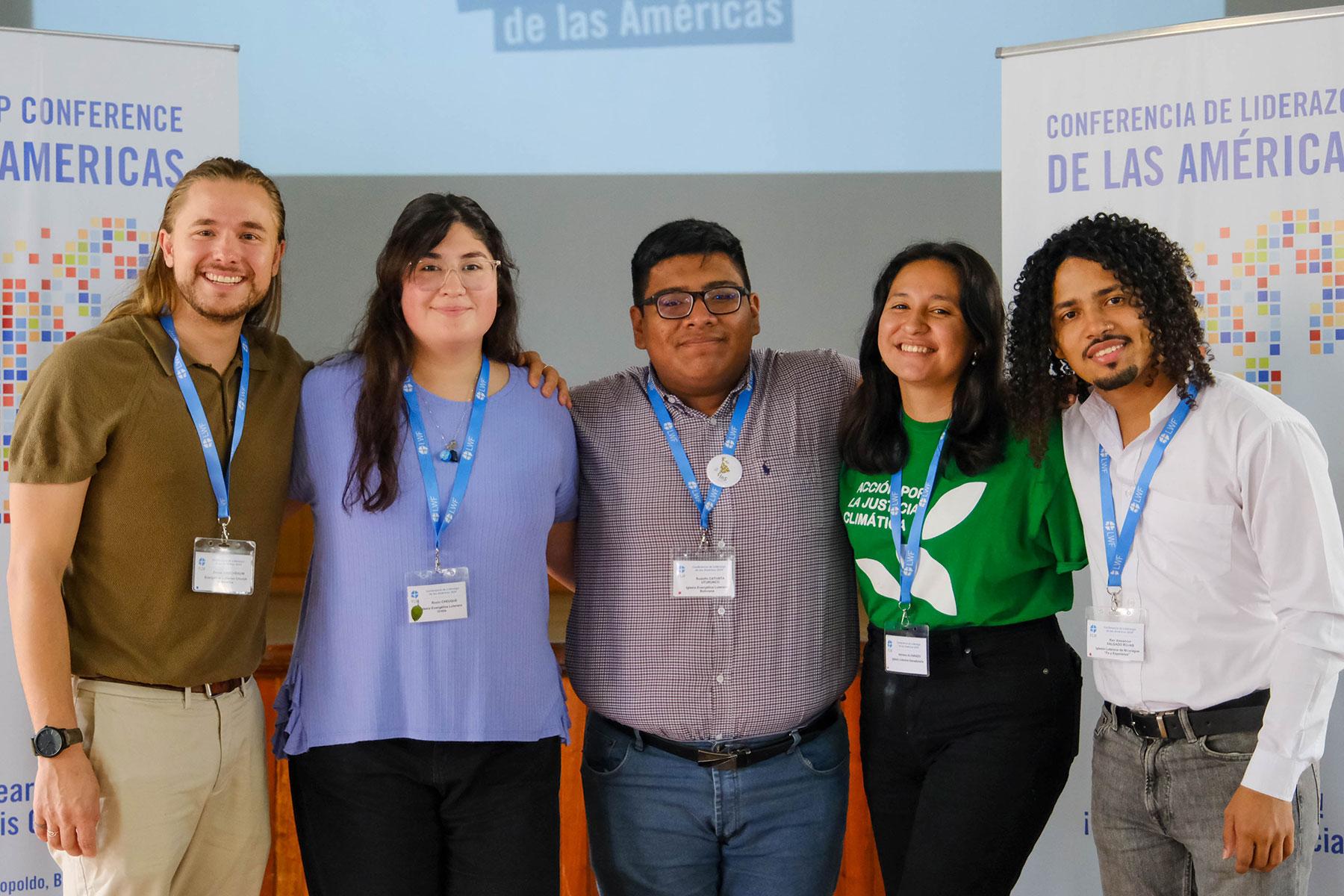 The coordinators of the youth networks of the Americas are (from left) Daniel Kirschbaum (Evangelical Lutheran Church in America - ELCA), Rocío Cheuque (United Evangelical Lutheran Church, Argentina - IELU), Rodolfo Catunta Uturunco (Bolivian Evangelical Lutheran Church - IELB), Belinda Colindres Matamoros (Christian Lutheran Church of Honduras - ICLH), and Ken Salgado Rojas (The Nicaraguan Lutheran Church of Faith and Hope - ILFE). Photo: LWF/Gabriela Giese
