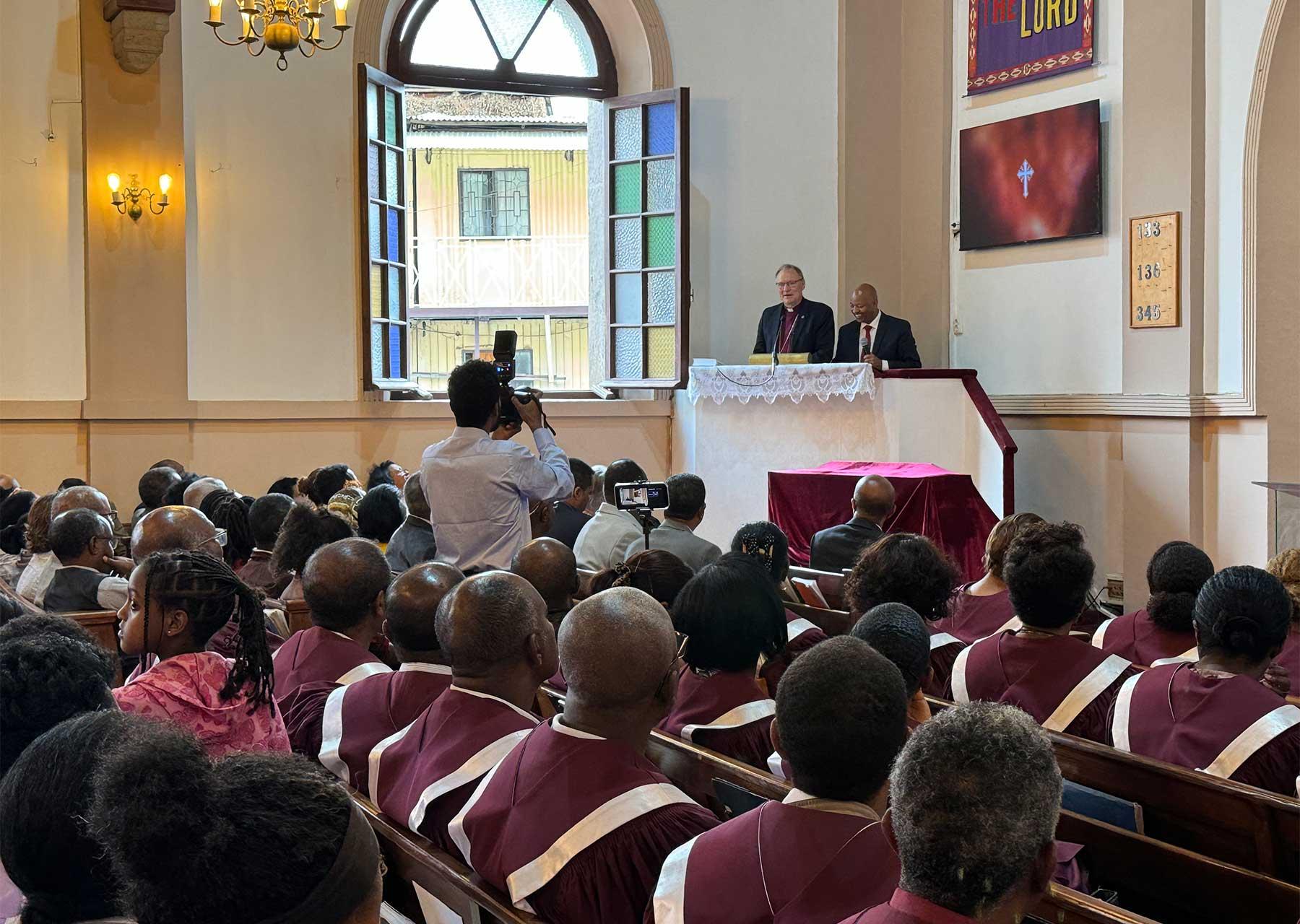 President Stubkjær joined worshippers at the oldest Lutheran church in country, built over a century ago. He praised the work of the church. “I have been so inspired by the vibrant witness of Mekane Yesus,” he said. “Thank you for welcoming us as family.” Photo: LWF/A.Danielsson