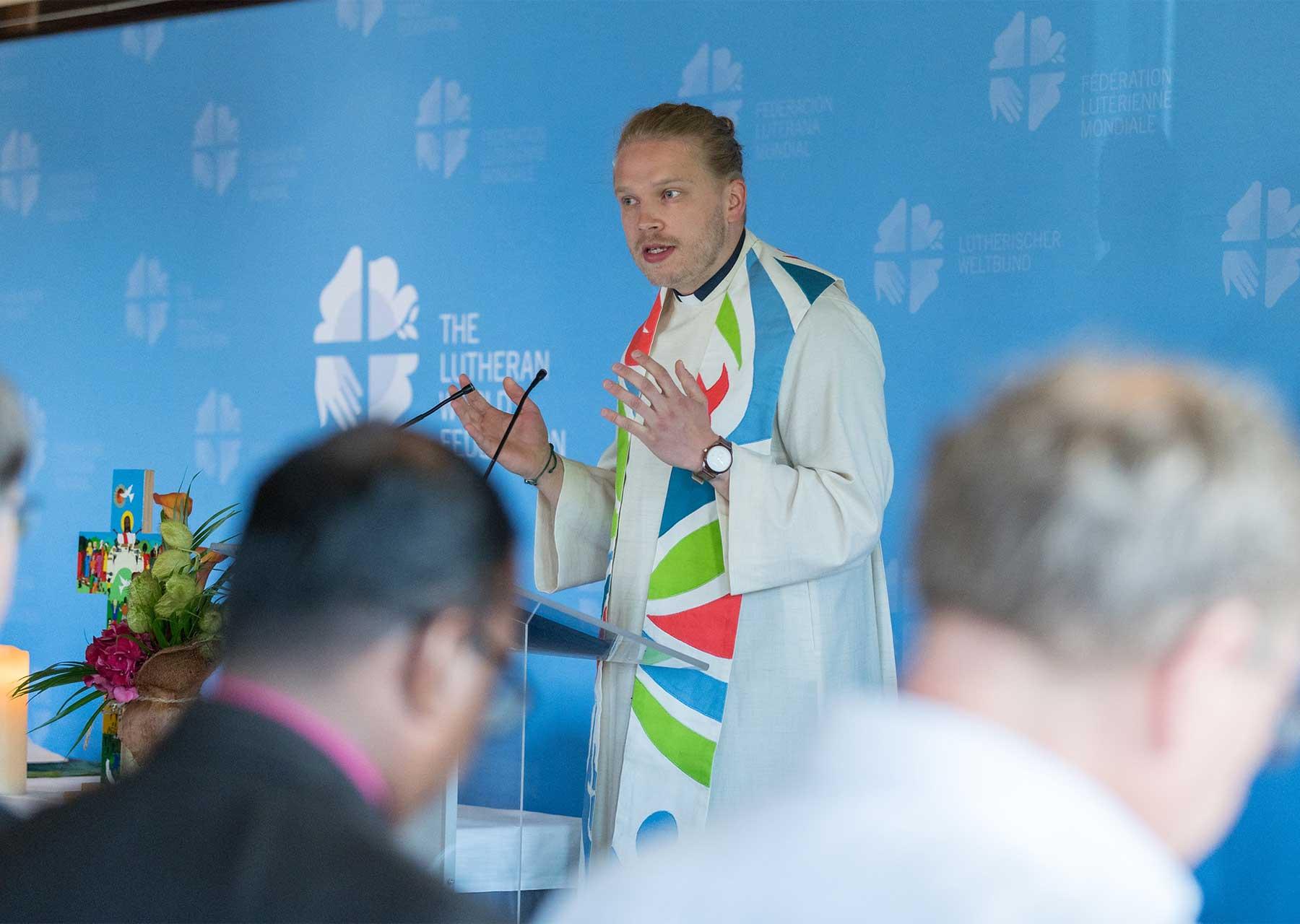 Rev. Jussi Luoma, Evangelical Lutheran Church of Finland, presiding at the opening service of the 2024 Council meeting. Photo: LWF/Albin Hillert