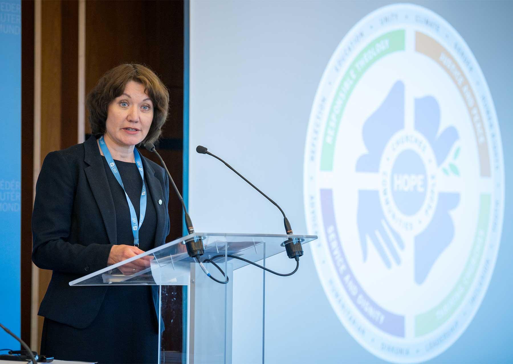 LWF general secretary Rev. Dr Anne Burghardt presents the new LWF strategy for the period 2025-2031. Photo: LWF/Albin Hillert