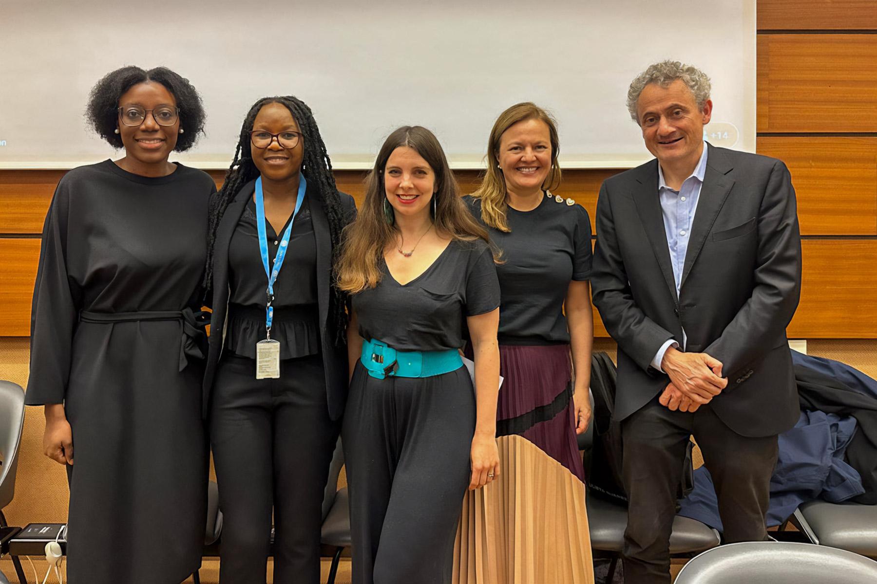 Panelists with moderator Sikhonzile Ndlovu, LWF’s Senior Advocacy Officer for Gender Justice, at the 20 June event on the gendered impacts of violent conflict and war. Photo: WCC/E. Lehoux