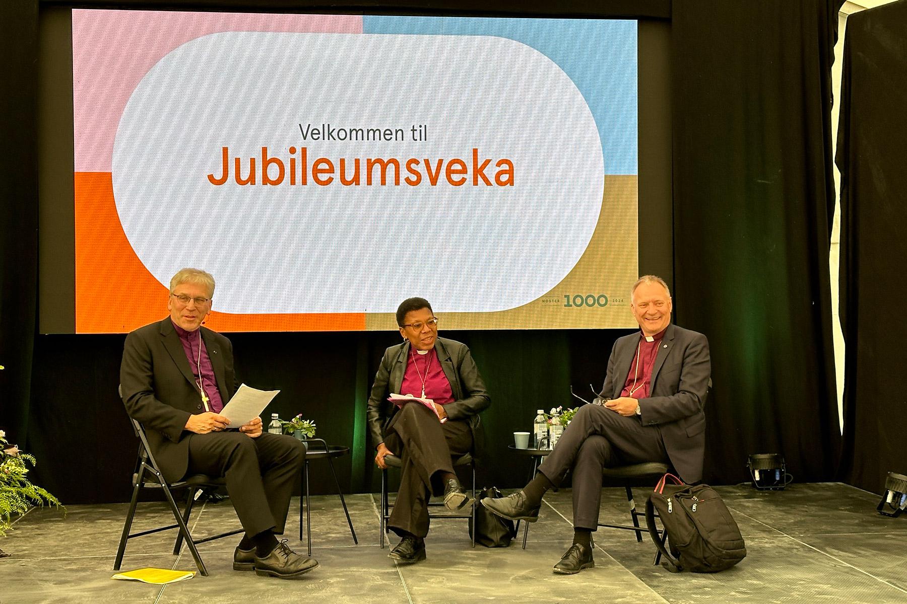 Panel discussion on “The values of the church” with (from left) the Presiding Bishop of the Church of Norway, Olav Fykse Tveit, Anglican Bishop Rosemarie Mallett from the Diocese of Southwark, United Kingdom, and LWF President Henrik Stubkjær. Photo: LWF/I. Lucas