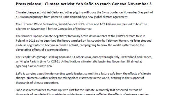 Climate activist Yeb Saño to reach Geneva November 3