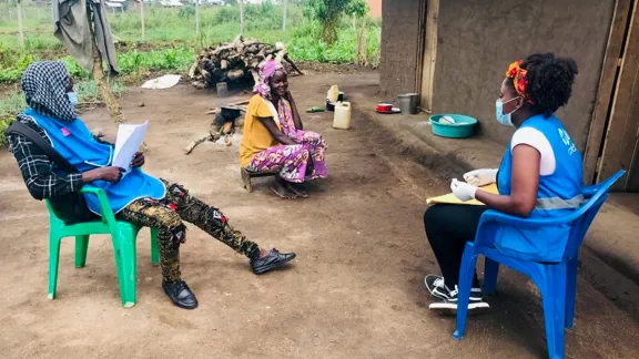 LWF staff take part in house-to-house sensitization around gender-based violence in Kyangwali refugee settlement in western Uganda Photo: LWF/Uganda