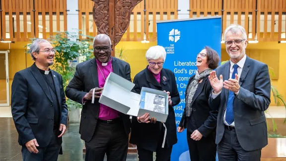 LWF President Archbishop Dr Panti Filibus Musa (second left) and Vice-President, Archbishop Dr Antje JackelÃ©n (middle) unveil the publication, Resisting Exclusion- Global Theological Responses to Populism, together with General Secretary Rev. Dr Martin Junge (far right), co-editor Rev. Dr Simone Sinn (second right) and Rev. Dr Sivin Kit (far left), LWF program executive for Public Theology and Interreligious Relations. Photo: LWF/S. Gallay  