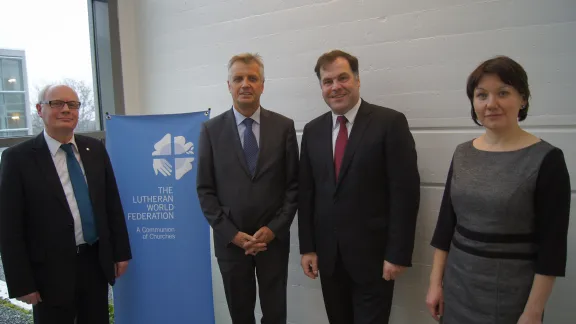 (from left) Oberkirchenrat Norbert Denecke, LWF National Committee in Germany General Secretary; Rev. Martin Junge, LWF General Secretary; Stephan Dorgerloh, education minister of the state of Saxony-Anhalt; Rev. Anne Burghardt, LWF Secretary for Ecumenical Affairs. Photo: LWF/C. KÃ¤stner