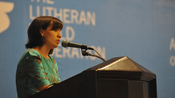 Anastasiya Piddubska of Odessa, Ukraine, reports on the situation in her country during Council 2014. LWF/M. Renaux