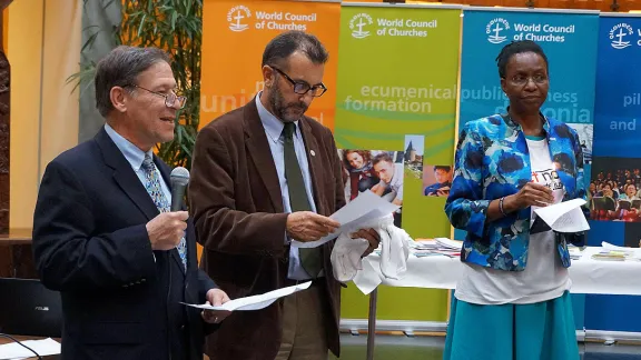 LWF Assistant General Secretary Mr Ralston Deffenbaugh (left) speaks at the Ecumenical Center launch of the 