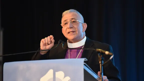 The Lutheran World Federation (LWF) President Bishop Dr Munib A. Younan addressing participants on the opening day of the Twelfth Assembly of the LWF in Namibiaâs capital Windhoek. Photo: LWF/Albin Hillert