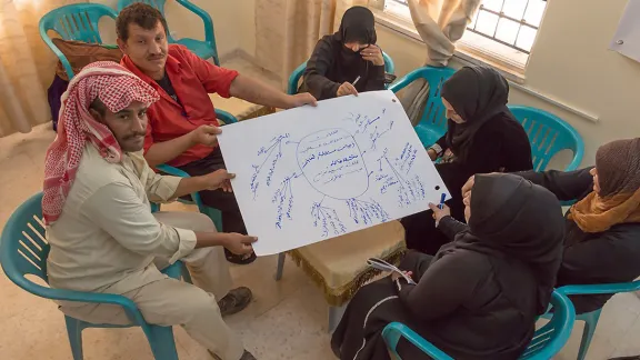 Syrian refugees and Jordanian host community members participate in workshop on peace-building and hygiene, the first joint pilot project by Islamic Relief Jordan and the Lutheran World Federation Jordan. Photo: Islamic Relief Jordan