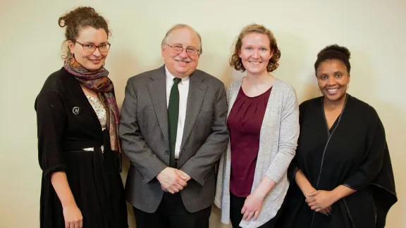 Visiting the Lutheran office in New York, Helena Funk (third from left) received valuable tips on climate advocacy from Rebekka Pohlmann, Germany; Dennis Frado, LWFâs representative at the UN headquarters; and Christine Mangale, LOWC program director. Photo: Doug Hostetter