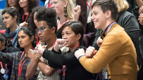 Young people gather for a sit-in demonstration at COP25, in Madrid, Spain, to claim space for a range a groups whose voices are not often listened to in the space of global climate negotiations: youth, women, frontline communities, indigenous communities. Photo: LWF/Albin Hillert