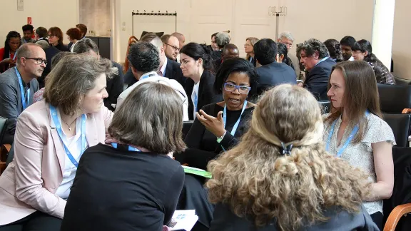 PrÃ¶pstin Astrid Kleist (left ) and Prof. Dr Puleng LenkaBula (center) in discussion during the conference in Berlin. Photo: LWF/ A. WeyermÃ¼ller