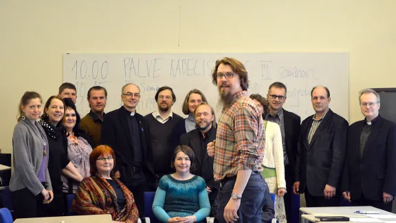 Rev. Prof. Thomas-Andreas Põder, head of Systematic Theology at the Institute of Theology, Estonian Evangelical Lutheran Church, leads students, pastors and other church workers in one of the courses on the LWF-produced Reformation booklets. Photo: EELC