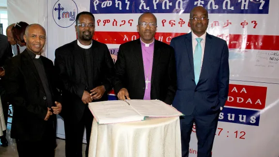 The Ethiopian Evangelical Church Mekane Yesus leaders during the inauguration of MY TV in Addis Ababa; from left, Rev. Dr Kiros Lakew (Vice-President), Rev. Teshome Amenu (General Secretary), Rev. Yonas Yigezu (President) and Mr Girma Borishe (Commissioner, Development and Social Services Commission). Photo: EECMY/Ruth Osmundsen 