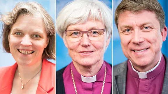 The vice-presidents of the European regions: PrÃ¶pstin Astrid Kleist for Central and Western Europe, Archbishop Antje JackelÃ©n for the Nordic Countries and Archbishop Urmas Viilma for Central and Eastern Europe. Photo: LWF/Albin Hillert