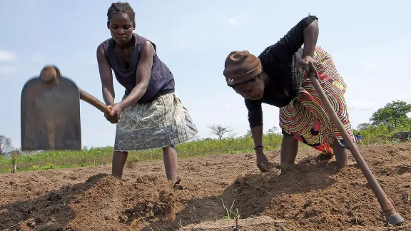 Women work community land in Cataca village, Angola. LWF supports communities in Angola on land rights and against land-grabbing. Interventions include workshops on land rights, women's empowerment, schools and literacy classes for adults. November 2017. Photos: LWF/ C. KÃ¤stner