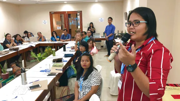 A workshop, hosted by the Lutheran Church in the Philippines, to enhance capacities for diakonia in the South-East Asian region. Jenet Mogimbong, diaconal worker from Malaysia, talks about her churchâs kindergarten project. Photo: LWF/M. DÃ¶lker