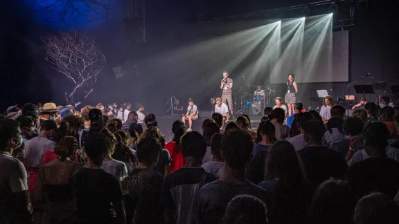 EPUdF pastors Rev. JoÃ«l Dahan and Rev. Sophie Ollier and four young people take the stage at the 2021 Grand KIFF. Photo: Patrick Balas