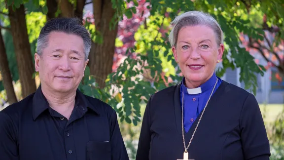 Rev. Toshiki Toma and Bishop of HÃ³lar Diocese Solveig Lara Gudmundsdottir at the LWF Ecumenical Center in 2019. Rev. Toshiki Toma of the International Congregation in BreiÃ°holts Church is pastor to immigrants and refugees at the Evangelical Lutheran Church of Iceland. Photo: LWF/A. Danielsson