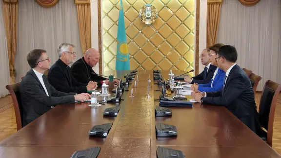 The LWF delegation with (from left) Area Secretary for Europe Ireneusz Lukas, General Secretary Martin Junge and Archbishop of the Evangelical Lutheran Church of Kazakhstan Jurij Novgorodov meeting with Dariga Nazarbayeva, Chairperson of the Senate of the Kazakh Parliament and Kazakh government officials. All photos: LWF/A. WeyermÃ¼ller