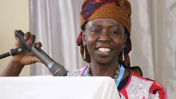 Global Fund for Women president, Dr Musimbi Kanyoro, addresses Lutheran church delegates at the May 2015 African region consultation and 60th anniversary gathering in Moshi, Tanzania. Photo: LWF/Tsion Alemayehu