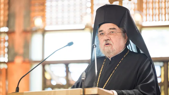 As Vice-Moderator of the WCC Central Committee, Metropolitan Gennadios spoke at an ecumenical prayer service during the 2018 visit of Pope Francis to the WCC. Photo: Albin Hillert/WCC