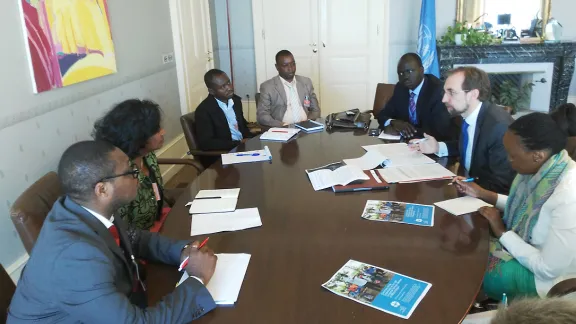 Mozambique human rights defenders discuss the human rights situation in Mozambique with the UN Office of the High Commissioner for Human Rights (OHCHR). From left, Sousa Goncalves Chele, head of strategic planning department of the Human Rights League-Mozambique, Dr. Alice Mabota, founder of the Human Rights League, LWF Advocacy Officer in Mozambique Nordine Ferrao, LWF Project Coordinator in Beira (Mozambique) Luis Maibeque Gonda , LWF Advocacy Officer Dr Ojot Ojulu, High Commissioner Zeid Raâ