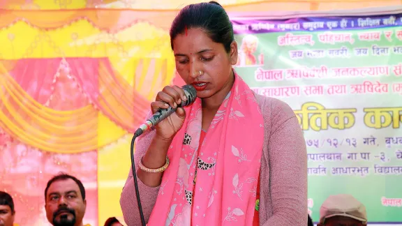 Ms.Â SarashowtiÂ Rishidev, treasurer for the District Federation ofÂ MusaharÂ Organizations supported by LWF Nepal, at a community gathering before the lockdown began. AllÂ Photos:Â LWF NepalÂ 